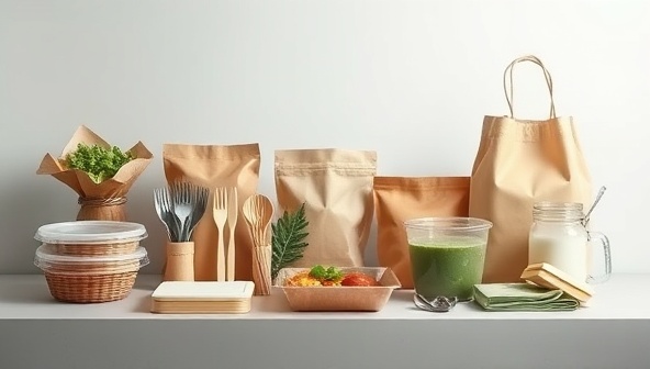 An assortment of eco-friendly food packaging materials like compostable containers, reusable utensils, and biodegradable bags arranged on a sleek, minimalist display, symbolizing sustainability and innovation in the food industry.