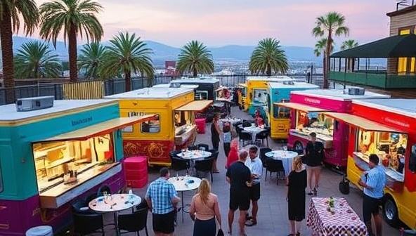 An outdoor event scene featuring a collection of colorful food trucks serving a variety of cuisines, with guests mingling, dining, and enjoying the vibrant atmosphere, illustrating the dynamic and diverse catering options available through the food truck catering collective.
