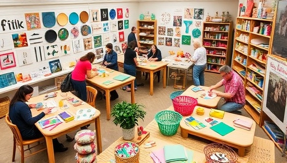 A vibrant studio setting with customers engrossed in crafting projects at communal tables filled with colorful materials, tools, and finished home decor pieces, surrounded by inspirational mood boards and design samples, evoking a lively and artistic DIY atmosphere.