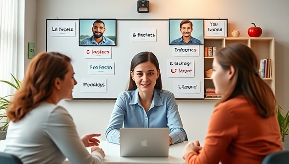 An online language lesson scenario with a virtual language consultant teaching conversational phrases to a group of expats via video call, showcasing cultural exchange and language learning in a digital setting.