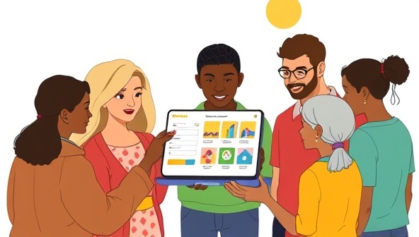 A digital illustration of a diverse group of community members gathered around a virtual solar sharing platform on a tablet, discussing the benefits of collective solar investments and energy savings, symbolizing unity and sustainability in action.
