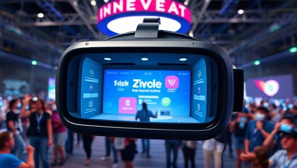 An immersive VR headset display showcasing a virtual event space with animated brand logos and interactive elements, surrounded by futuristic digital visuals and excited virtual attendees, evoking a sense of innovation and engagement.