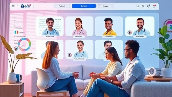 A digital interface showcasing an interactive virtual clinical trial platform with diverse participants engaging in remote consultations, monitoring their health metrics through wearable devices, and contributing to medical research from the comfort of their homes, illustrating the future of clinical trials.