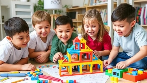 A group of children enthusiastically building architectural structures with Archikids Club kits, surrounded by colorful building blocks, mini blueprints, and design tools, with expressions of joy and creativity, illustrating the fun and educational experience provided by the subscription service.
