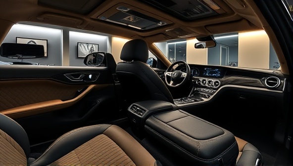 An elegant showroom displaying custom-designed car interiors with luxurious materials, advanced audio systems, and mood lighting, creating a sophisticated and tailored automotive experience.