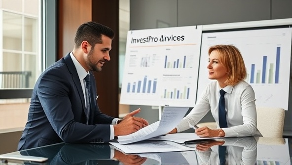 A professional advisor discussing real estate investment opportunities with a client in a sophisticated office setting, surrounded by financial reports and property market data, symbolizing the trusted expertise and personalized service offered by InvestPro Advisors in guiding clients towards successful property investments.
