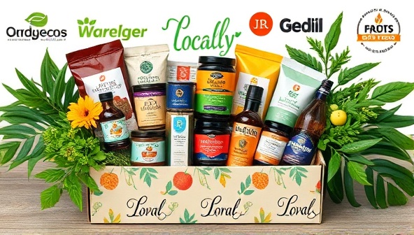 A vibrant collage of locally sourced products arranged in a beautifully decorated box, surrounded by greenery and small business logos, symbolizing community support and diversity.