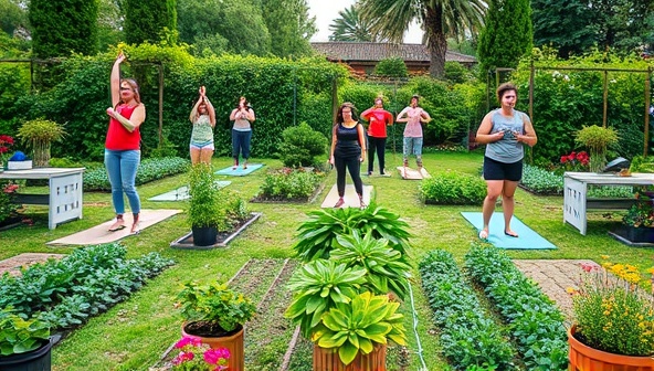 A vibrant garden setting with participants engaging in fitness activities amidst green plants and blooming flowers, with gardening tools, yoga mats, and cooking stations nearby, illustrating a harmonious blend of nature, wellness, and sustainable living in a community garden workshop.