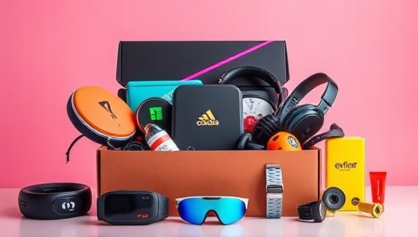 An eye-catching image of a diverse selection of fitness tech accessories arranged in a stylized subscription box, featuring sleek design, vibrant colors, and futuristic gadgets, conveying a sense of innovation, performance, and motivation in fitness technology.
