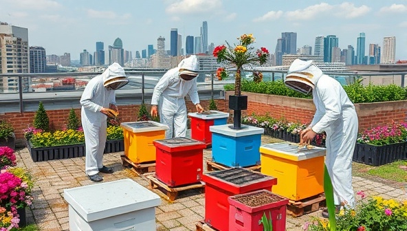An inviting rooftop garden setting with participants in beekeeping suits tending to colorful beehives under the guidance of an expert, surrounded by blooming flowers and city skyline views, highlighting the harmonious coexistence of nature and urban life.