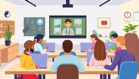 A digital illustration of a virtual classroom setting with a diverse group of students engaged in an interactive online tutoring session, showcasing a dynamic and engaging learning environment.