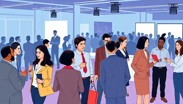 A professional digital illustration showcasing a virtual networking event with professionals engaging in conversations, exchanging virtual business cards, and attending industry-specific breakout sessions, symbolizing career growth and networking opportunities in a digital environment.