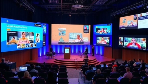 A virtual event setup with multiple screens displaying interactive activities, a stage for presentations, and a live chat feed buzzing with participant interactions, illustrating the dynamic and immersive nature of virtual events.