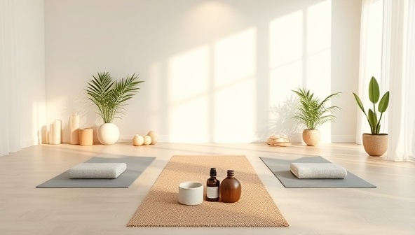 A serene virtual wellness retreat setup featuring a tranquil meditation space with soft lighting, yoga mats, essential oils, and calming decor elements, creating a peaceful and rejuvenating atmosphere for online participants.
