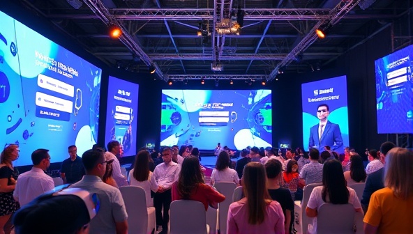 A dynamic virtual event setup with virtual reality headsets, digital event banners, and a diverse group of avatars interacting in a virtual environment, illustrating the innovative and immersive nature of virtual events.