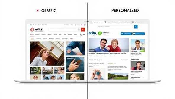 A split-screen visualization showing a generic website with static content on one side and a dynamic personalized version on the other, featuring tailored content, images, and offers based on user preferences, highlighting the impact of content personalization on user experience and engagement.