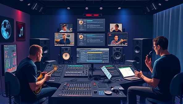 An artistic representation of a virtual music studio with musicians from different locations collaborating on a music project, featuring digital instruments, audio mixing tools, and a real-time chat interface for communication and feedback, capturing the essence of creative collaboration in an online music community.