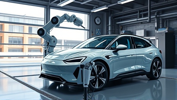 An AI-powered robot arm performing maintenance on a futuristic self-driving car in a sleek, high-tech garage setting, showcasing advanced technology and precision care.