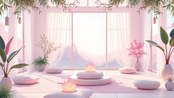 An enchanting digital illustration of a serene virtual retreat space with elements of nature, relaxation, and self-care, featuring calming colors, meditation cushions, and virtual workshop setups that evoke a sense of tranquility and rejuvenation.