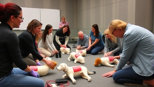 A dynamic workshop setting with participants practicing pet CPR techniques on mannequin pets, guided by a knowledgeable instructor demonstrating life-saving skills, creating an engaging and educational environment for pet safety training.