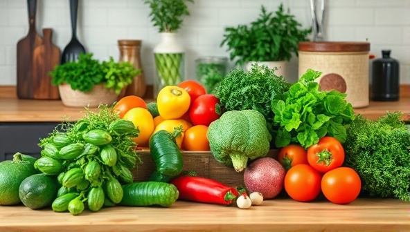 An inviting kitchen setup with fresh herbs, colorful vegetables, and cooking utensils neatly arranged on a wooden countertop, showcasing the beauty of garden-to-table cooking and culinary creativity.