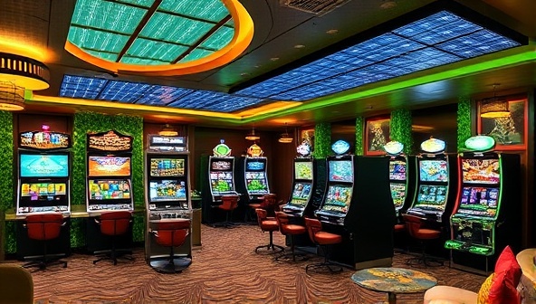 A modern and sustainable gaming lounge adorned with eco-friendly slot machines, renewable energy panels, and green decor elements, creating a welcoming and environmentally friendly atmosphere at the GreenPlay Eco Lounge.