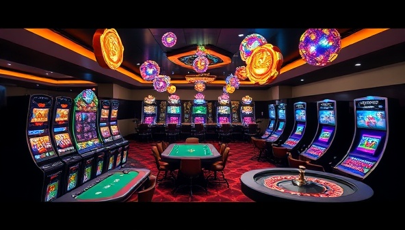 An immersive casino lobby with digital slot machines, poker tables, and roulette wheels, featuring vibrant NFT collectibles floating above each game station, showcasing the fusion of crypto and gambling in a visually engaging environment.