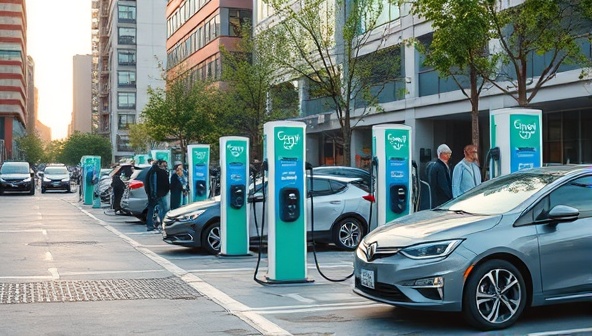 An urban landscape featuring ChargeUp Network charging stations with EVs plugged in for charging, digital screens displaying charging status and availability, and a diverse group of EV owners enjoying the convenience of fast and accessible charging options, illustrating a sustainable and connected transportation ecosystem.