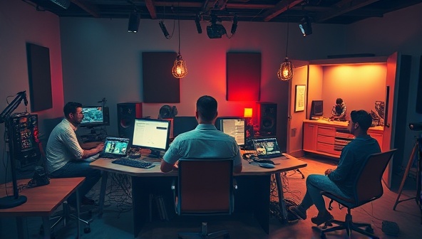 An artistic visualization of a storytelling podcast production studio, with sound engineers working on audio edits, voice actors recording in sound booths, and a producer overseeing the creative process, symbolizing collaboration and creativity in audio storytelling production.