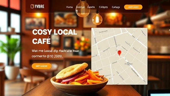 A vibrant website mockup featuring a cozy local cafe homepage with enticing food images, contact information, and an interactive map, representing the essence of a community-focused digital presence.