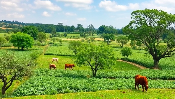 A picturesque agroforestry landscape showcasing a diverse mix of tree crops, shrubs, and livestock harmoniously integrated into the farming ecosystem, with lush greenery and wildlife thriving, illustrating the beauty and sustainability of agroforestry practices promoted by GreenGrove Solutions.