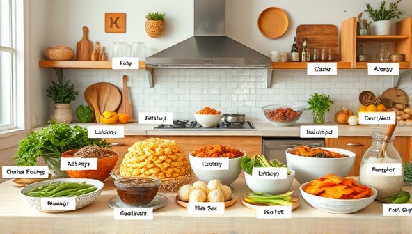 An inclusive image showcasing a diverse array of allergy-friendly dishes and ingredients, labeled with allergen information and dietary symbols, displayed in a welcoming kitchen setting, conveying safety, variety, and culinary creativity in allergen-free cooking.
