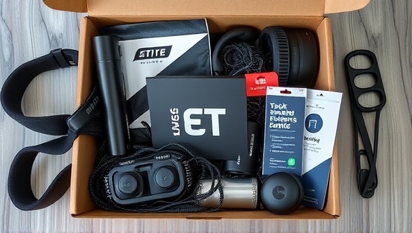 An array of high-tech fitness gadgets and accessories laid out in a stylish and sleek subscription box, featuring smart trackers, wireless headphones, workout tools, and motivational fitness gear, creating an enticing and premium fitness experience for FitGear Crate subscribers.