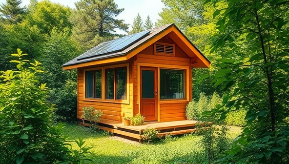 An eco-friendly tiny home surrounded by lush greenery, equipped with solar panels, a rainwater collection system, and large windows to emphasize natural light and sustainable living, showcasing the essence of EcoNest Builders' construction approach.