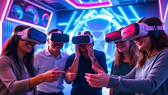 A group of friends wearing VR headsets, excitedly working together to solve a virtual puzzle in a futuristic and visually stunning VR escape room environment.