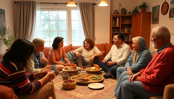 An immersive homestay experience captured in a cozy living room setting with a diverse group of travelers and local hosts sharing a meal, exchanging stories, and engaging in cultural activities, fostering a sense of connection, friendship, and cross-cultural understanding.