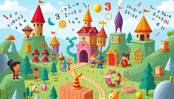 An imaginative illustration of a fantasy-themed math world populated with animated characters, mathematical symbols, and challenging puzzles, inviting users to embark on a math adventure filled with excitement and learning opportunities.