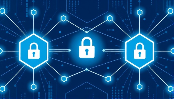 An illustration of interconnected blockchain blocks representing secure design transactions between clients and designers on a decentralized platform, highlighting transparency and trust in the blockchain-powered design marketplace.