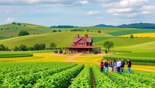 A picturesque farm landscape with rolling hills, bountiful crops, and a welcoming farmhouse at the center, surrounded by eager tour participants engaged in farm activities, reflecting the wholesome and enriching experience offered by Harvest Haven Tours in rural agri-tourism.