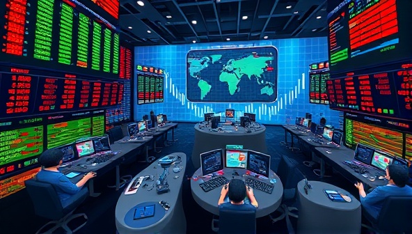An engaging virtual world with stock market tickers, colorful graphs, and avatars representing traders engaging in strategic stock trades, illustrating the gamified and educational nature of StockQuest.