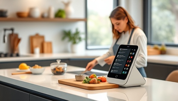 An elegant and sleek AI-powered kitchen assistant gadget displayed on a modern countertop, assisting a user in preparing a gourmet meal with step-by-step instructions and personalized cooking tips, showcasing the innovative and user-friendly features of the SmartChef Companion in enhancing the culinary experience.