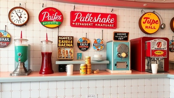 A retro-inspired dessert counter featuring colorful milkshake machines, vintage signage, and a display of classic dessert offerings like cherry pies and banana splits, exuding a charming and whimsical vibe reminiscent of the past.