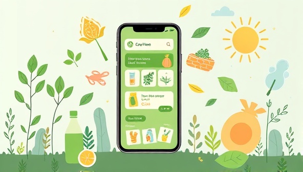 An illustration of a digital app interface displaying various eco-friendly products and services, surrounded by symbols of nature and sustainability, evoking a sense of environmental awareness and responsible consumer behavior.