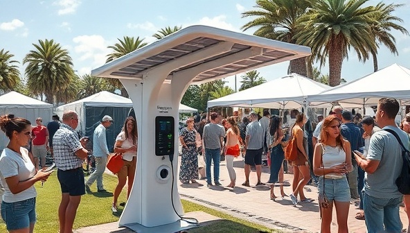 A vibrant outdoor event scene with people gathered around a futuristic solar-powered charging station, basking in the sunlight while charging their devices, showcasing sustainability and convenience.