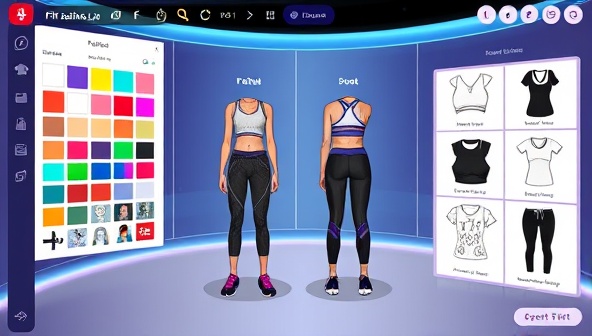 An interactive virtual design studio interface displaying a variety of fitness apparel customization options, from color palettes and fabric swatches to design templates and style suggestions, with a user creating a unique workout outfit in a fun and engaging digital environment, highlighting the creativity and personalization offered by FitFashionLab.