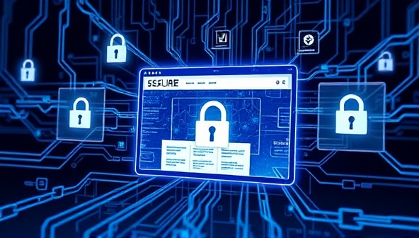 A futuristic visualization of a website protected by blockchain chains and digital locks, symbolizing the secure and immutable nature of SecureWeb Chain's cybersecurity solutions, highlighting the cutting-edge technology and protection provided to online platforms.
