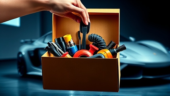 A vibrant and dynamic image of a hand opening a mystery box filled with automotive tools and accessories, with a sleek sports car in the background, evoking excitement and anticipation for the surprises inside.