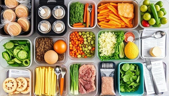 An array of colorful, fresh ingredients neatly arranged in individual portions, accompanied by recipe cards and cooking utensils, creating an inviting and organized meal prep setup that highlights the convenience and customization of the service.