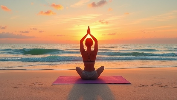 A serene digital illustration of a virtual wellness retreat setting, featuring a tranquil yoga session on a peaceful beach, surrounded by calming ocean waves and a picturesque sunset, evoking a sense of relaxation and inner peace.
