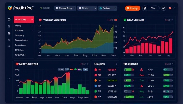 An interactive dashboard displaying real-time stock market data and prediction challenges, with colorful graphs and leaderboards showcasing top performers, creating a gamified and educational investment experience on PredictPro Invest.